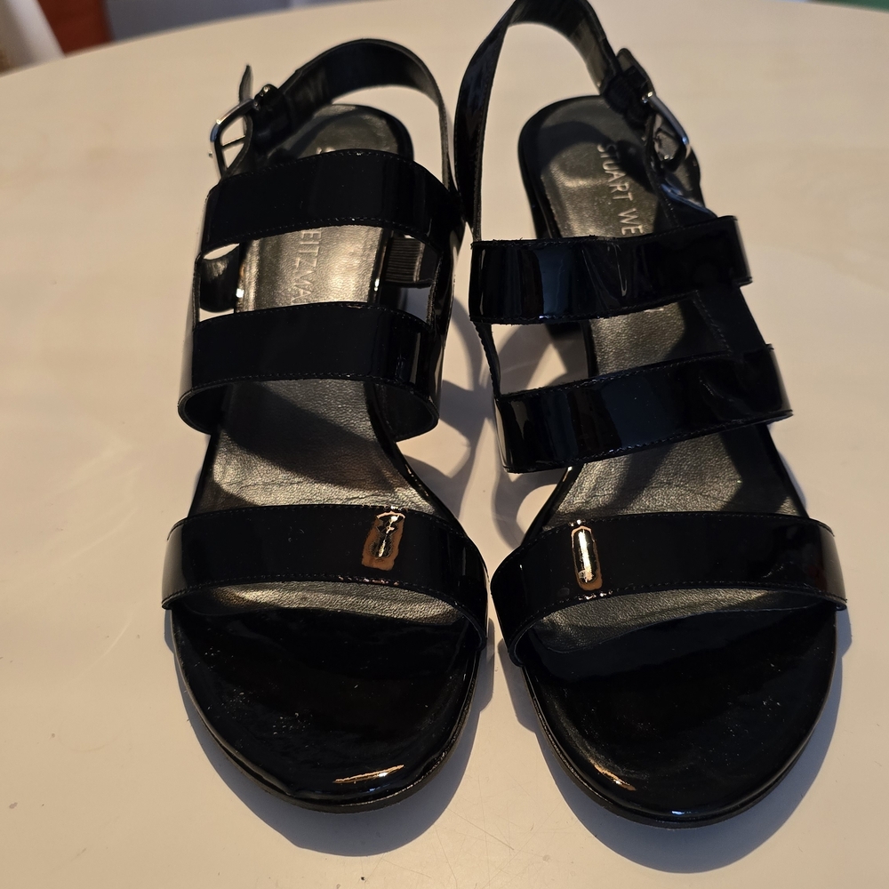 Stuart Weitzman Glossy Black Strappy Sandals